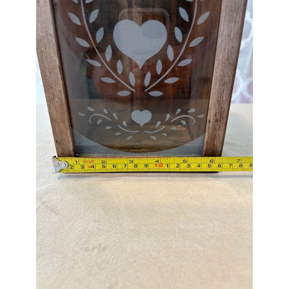 Rustic Wood Heart Etched Glass Lantern Wall Hanging Candle Holder Farmhouse